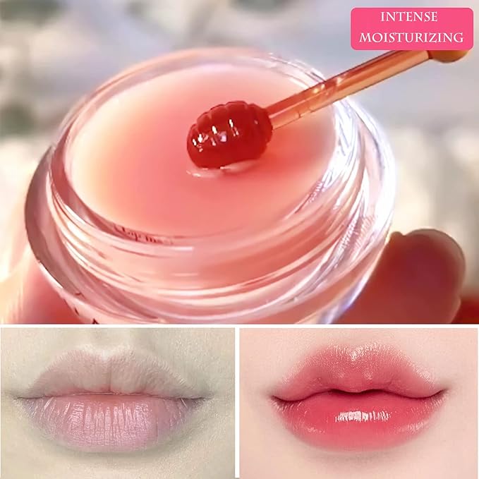 Bee Lip Balm Honey Pot, Strawberry & Honey Moisturizing Propolis Lip Mask, Hydrating & Prevention Dry and Cracked Lip Scrubs Exfoliator, Reduces Lip Lines (2PCS Pink)