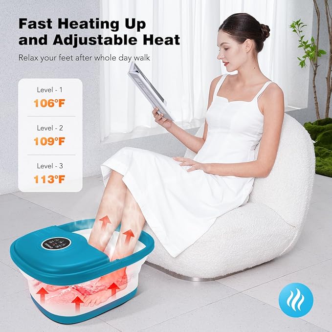 Collapsible Foot Spa with Heat, Remote Control, Temperature Control, Bubbles, Pumice Stone, Red Light, Timer, 16 Massage Roller Pedicure Foot Bath Tub Foot Soaker for Relaxation & Stress Relief