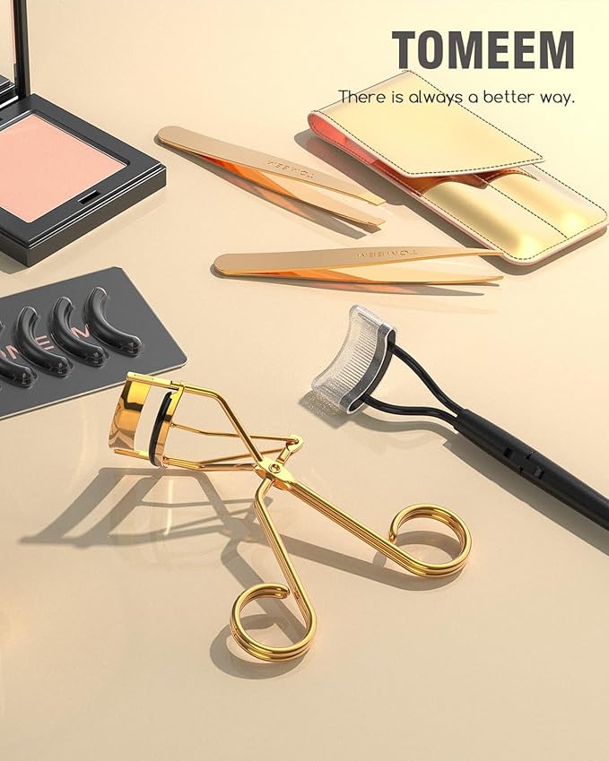 Eyelash Curler with Comb, Professional Volumizing Lash Lift Kit Lash Curler with Refill Pads for Home & Travel Uses, Gold