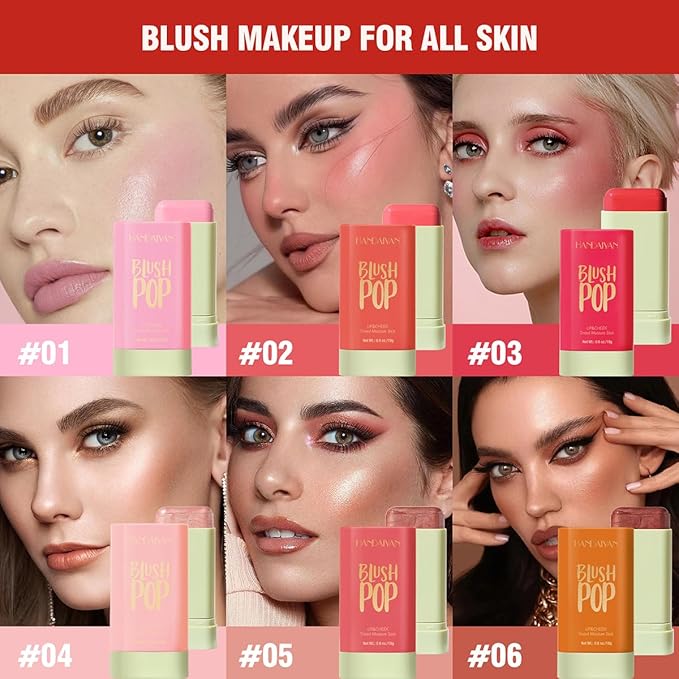 Multi-Use Makeup Blush Stick, Beauty Tinted Solid Blush Stick, 3-in-1 Cream Blush Stick for Cheek/Eyes/Lips, Waterproof Moisturizer Stick, Suitable for All Skin (06# Shine Orange)