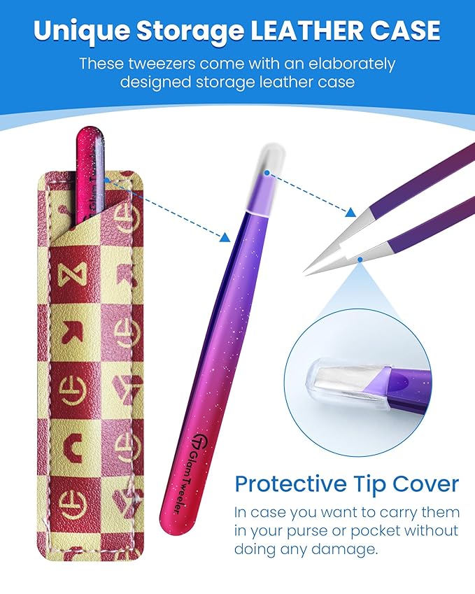 Expert Slant Tip Tweezers with Leather Travel Case, GlamTweeler Sharp & Precision Stainless Steel Tweezer for Eyebrows, Facial Hair and Fine Hairs Removal (Sparkle Deep Violet & Lavender)