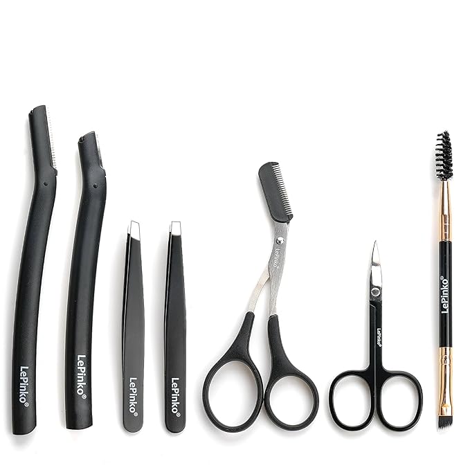 Eyebrow Trimmer Kit, 7 in 1 Eyebrow Scissors, Tweezer, Razor, Gromming Scissors Brush for Women Men, Gifts for Stocking Stuffers - Black