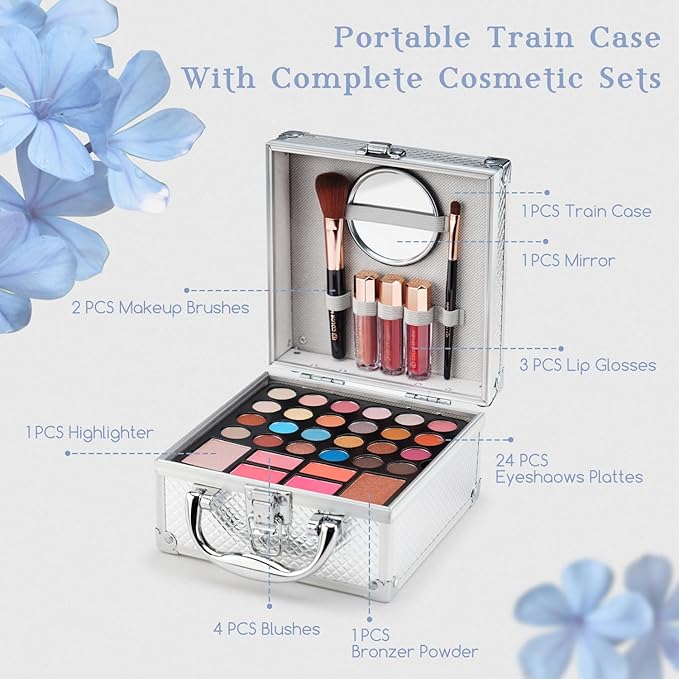 Color Nymph Beginner Makeup Kit For Teens With The Small Cosmetic Train Case Included 24-Colors Eyeshadow Palette Blushes Bronzer Highlighter Lipstick Brushes Mirror(Silver)