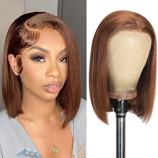 #4 Brown Bob Lace Front Wigs Human Hair Straight HD Transparent Brown Bob Wig Human Hair Wear and Go Glueless Wig Pre Plucked Short Bob Wigs For Black Women 14inch
