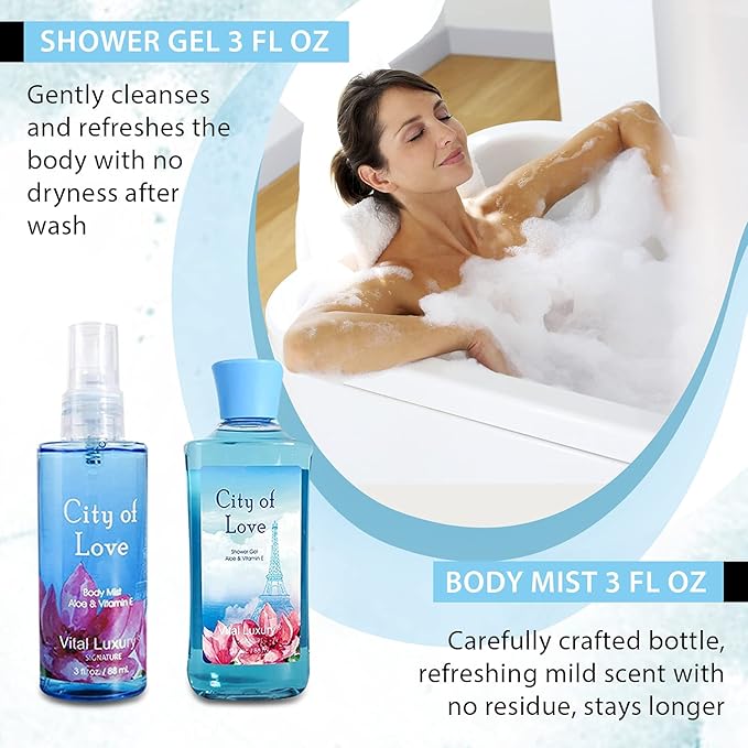 Bath & Body Kit, 3 Fl Oz, Ideal Skincare Gift Home Spa Set, Includes Body Lotion, Shower Gel, Body Cream, and Fragrance Mist, Birthday Mother's Valentine's Day Gifts(City of Love)