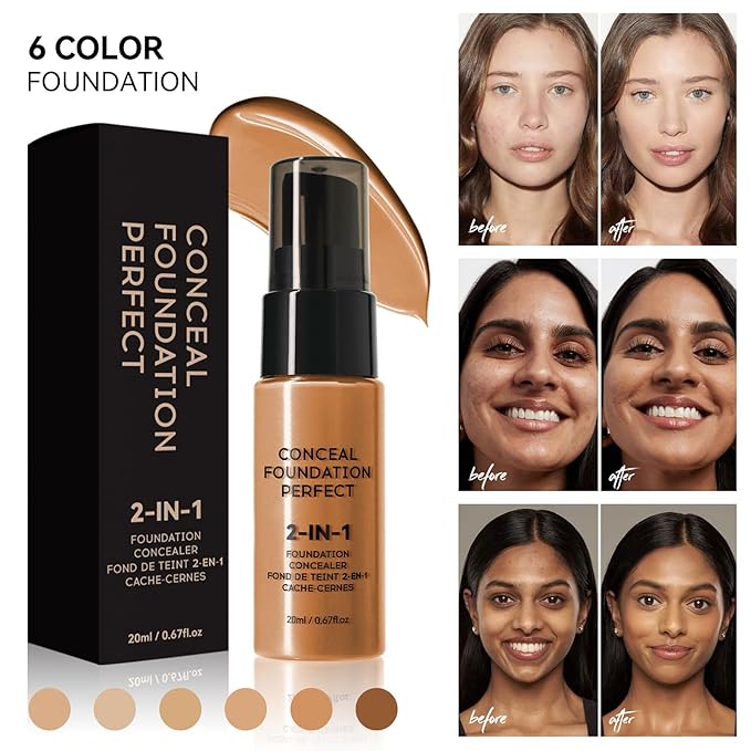 6 Colors Liquid Foundation Long-Lasting,Poreless Liquid Oil Concealer