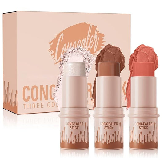 3Pcs Contour Stick Set，3 Colors Contour Stick Makeup Set， Long-Lasting Waterproof Concealer Stick Kit，Cream Blush & Highlighter Bronzer Pen (SET-B)