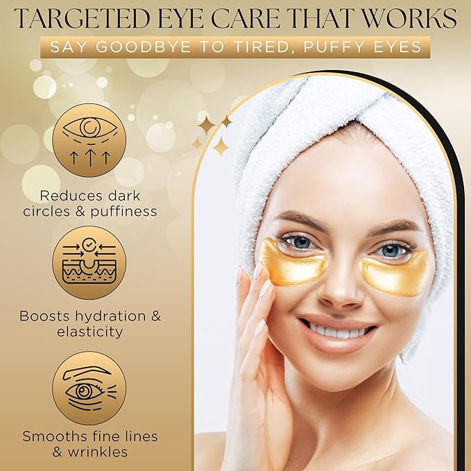 Undereye Mask Patches for Dark Circles, Puffiness & Wrinkles, Gold Eye Mask with Collagen, Caffeine & Hyaluronic Acid, Vegan & Cruelty-Free Eye Patches for Women and Men (24 Pairs)