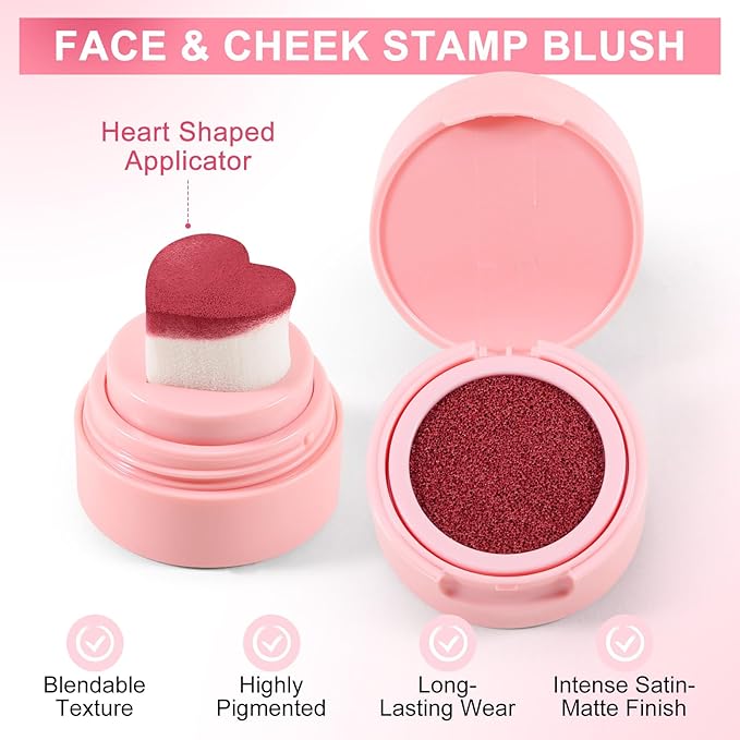 Boobeen Liquid Blush for Cheeks, Buildable & Blendable Face Blusher, Cheek Stamp Blush with Heart-shaped Applicator, Lightweight Air Cushion Blush for Velvet Matte Finish