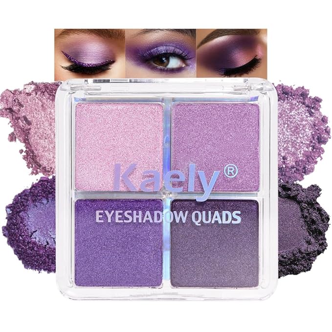 Kaely Powder Eyeshadow Quad, Lavender Purple Glitter Eyeshadow Palette Makeup, Neutral Eye Shadow Palette for Older Women Pigmented Waterproof, sombras para ojos, Blendable, Cruelty-free, 05