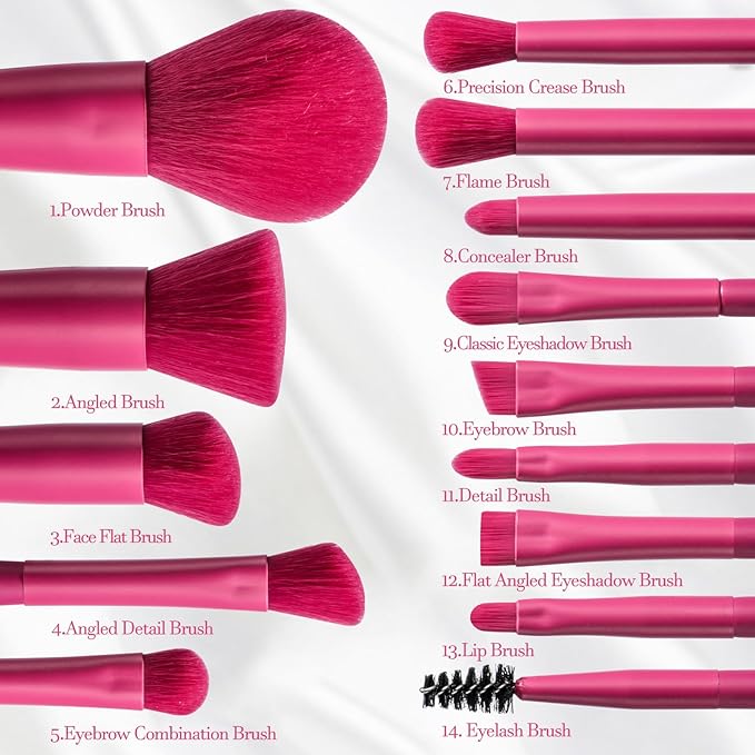 BS-MALL Travel Makeup Brush Set Foundation Powder Concealers Eye Shadows Makeup Set with LED light Mirror 14 Pcs (HotPink)