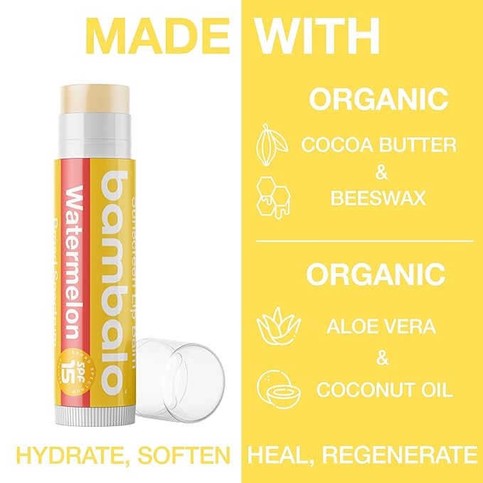 4-Pack Watermelon SPF 15 Lip Balm - Organic Ingredients, Broad Spectrum UVA/UVB Protection - Hydrating & Moisturizing, USA Made