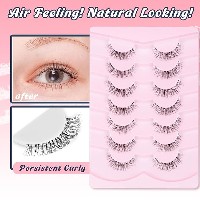 Eyelashes Natural False Lashes 14mm Eye Lashes with Thin Band 3D Volume Fake Eyelashes C Curl Wispy Lashes Natural Look 7 Pair