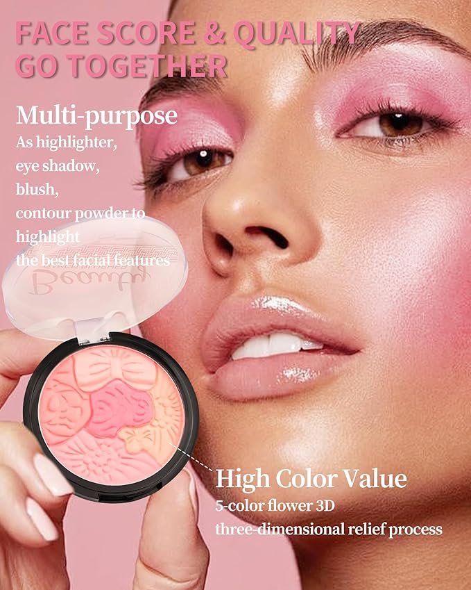 Flower Blush for Cheeks, Matte Shimmer Face Blush Powder, Eyeshadow Contour Multiuse Facial Make up Palette,Long Lasting Waterproof Embossed Blusher,Mother's Day Makeup Gift for Women-03#Rose Red