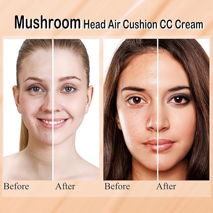 2 PCS Mushroom Head Air Cushion CC Cream Nature Foundation,Foundation Brush Powder Brush,Moisturizing Concealer, Bright Makeup Base Long Lasting with Mushroom Makeup Sponge(#03 Warm Nude)