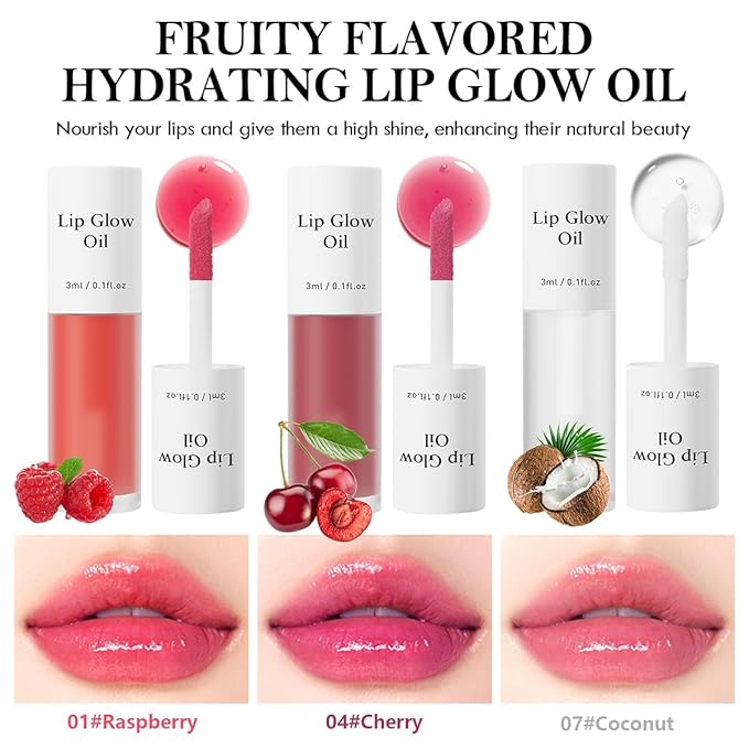 2Pcs Hydrating Lip Glow Oil,Plumping Lip Gloss,Moisturizing Transparent and Nourishing Non-stick Cup Fruit Flavored Lip Oil for Reducing Lip Lines and Lip Care(01#+07#)