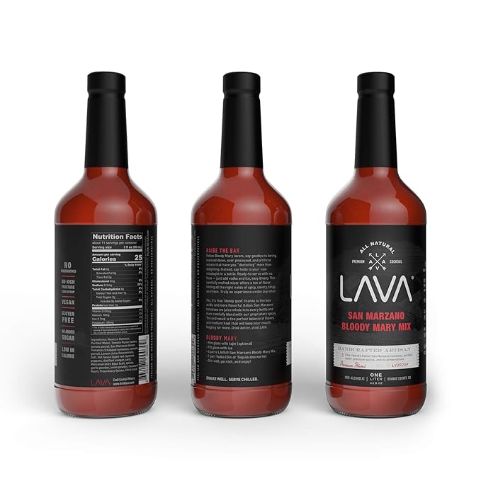 LAVA Premium Bloody Mary Mix; Italian San Marzano Tomatoes, No Artificial Sweeteners, Vegan, Ready to Use, No Added Sugar, 1-Liter (33.8oz) Glass