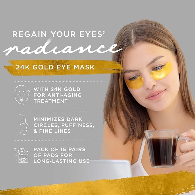 Under Eye Gel Pads, Collagen Eye Patches for Puffy Eyes, Dark Circles, and Wrinkles, 24K Gold Eye Mask with Hyaluronic Acid, Vegan, Cruelty-Free, Hydrating Eye Pad,15 Pairs