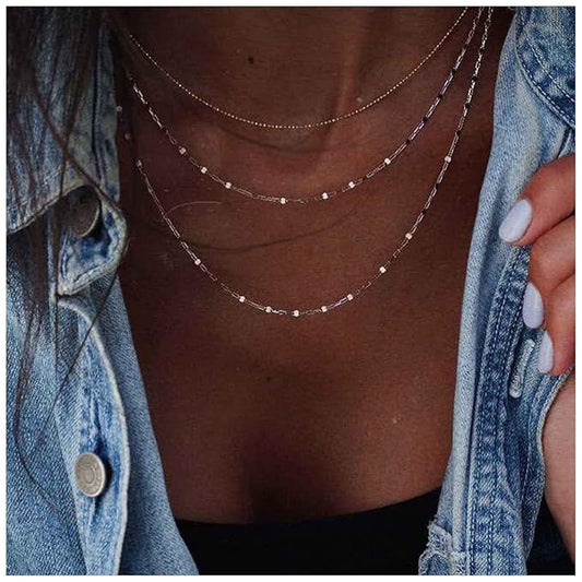 Boho Layered Necklace Choker Gold Lace Chain Necklace Shimmer Shinny Necklace Vintage Multilayer Beaded Necklace Jewelry for Women and Girls