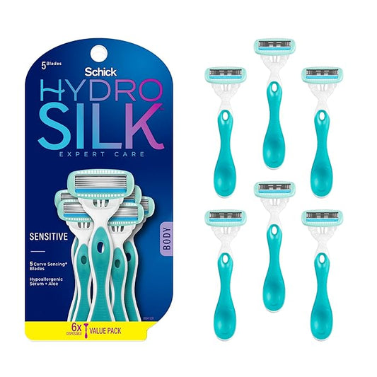 Schick Hydro Silk Sensitive Women's Disposable Razors, 6ct | 5-Blade Disposable Razors for Women Sensitive Skin | Travel Razor for Women