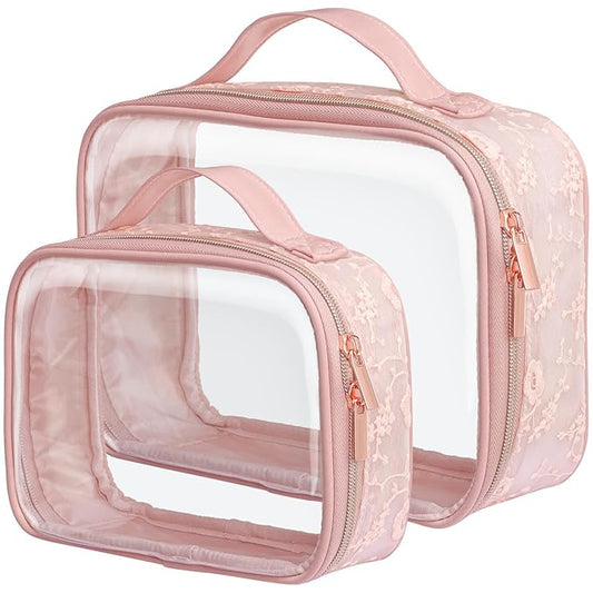 PACKISM Floral Texture Lace TSA Approved Toiletry Bag - 180° Large Opening Clear Makeup Bags in 2 Size, Clear Bags for Travel with Handle, 0.5 mm Thick Non-deformable No Smell, Pink