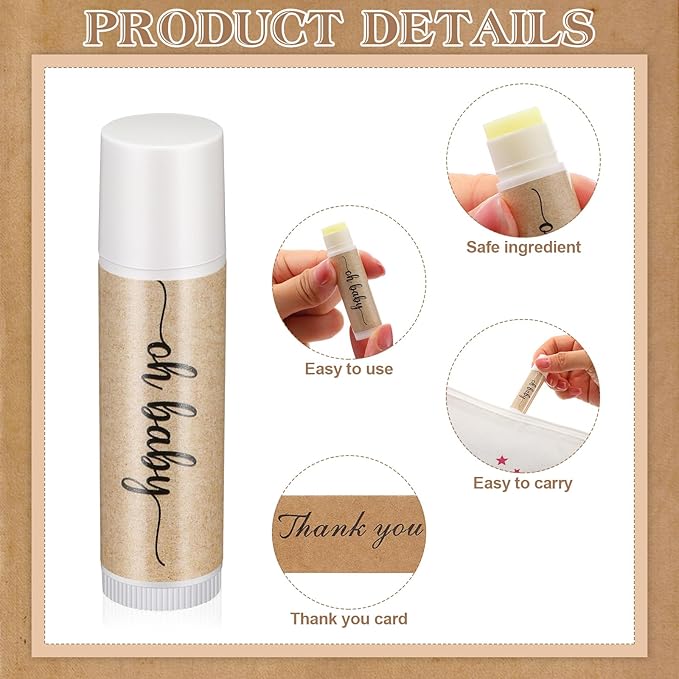 50 Sets Baby Shower Lip Balm Favor with Thank You Tags and Organza Bags, Lip Balm Bulk Baby Shower Gifts for Guests Prizes Gender Reveal Souvenirs Neutral Birthday Supplies