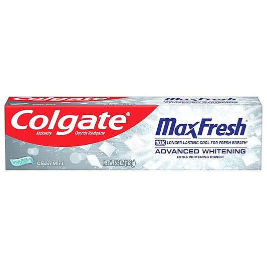 Colgate MaxFresh Advanced Whitening Toothpaste for Bad Breath, Fluoride Formulated, Helps Whiten Teeth and Leaves Breath Feeling Fresh for Hours, Fights Cavities, Clean Mint, 6.3 oz