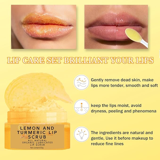 Turmeric Lemon Lip Scrub for Dark Lips with Brush, Turmeric lip Exfoliator with Aloe Vera, lip Scrubber Exfoliator for Dark, Dry, Chapped LiPs, Reduce Fine Lines, Hydrate LIp exfoliator Scrub (1 PCS)