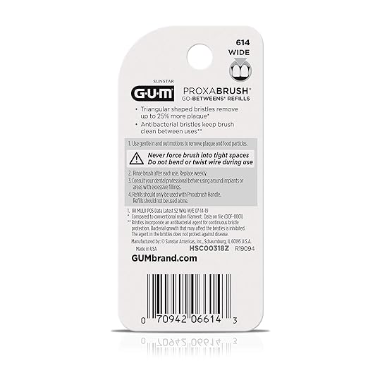 GUM Proxabrush Go-Betweens Refills - Wide - Compatible with GUM Permanent Handle - Reusable Interdental Brushes - Soft Bristled Dental Picks, 8 Count