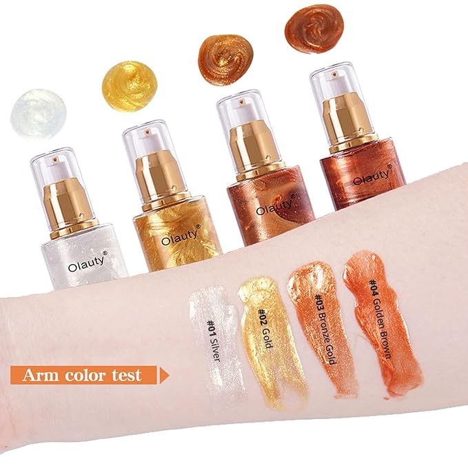 Shimmer Body Oil-Bronze Gold Face Brighten Pearl Highlighter Liquid Illuminator Body Glow Oil,4 Color Bronze Makeup Glitter Body Shimmer Oil with Makeup Brush