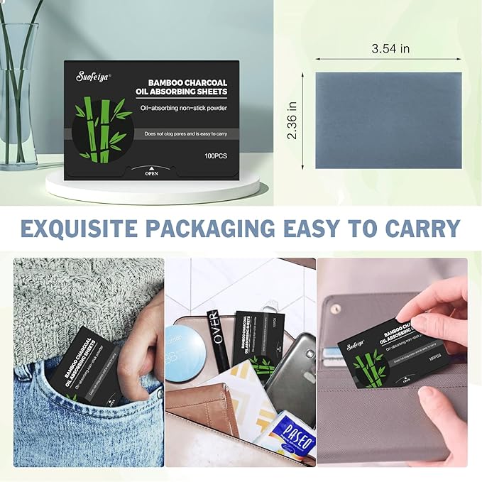 Natural Bamboo Charcoal Oil Absorbing Tissues - 4pk/400 Oil Blotting Sheets For Face, Oil Control Film, Oil Absorbing Sheets, Makeup Friendly