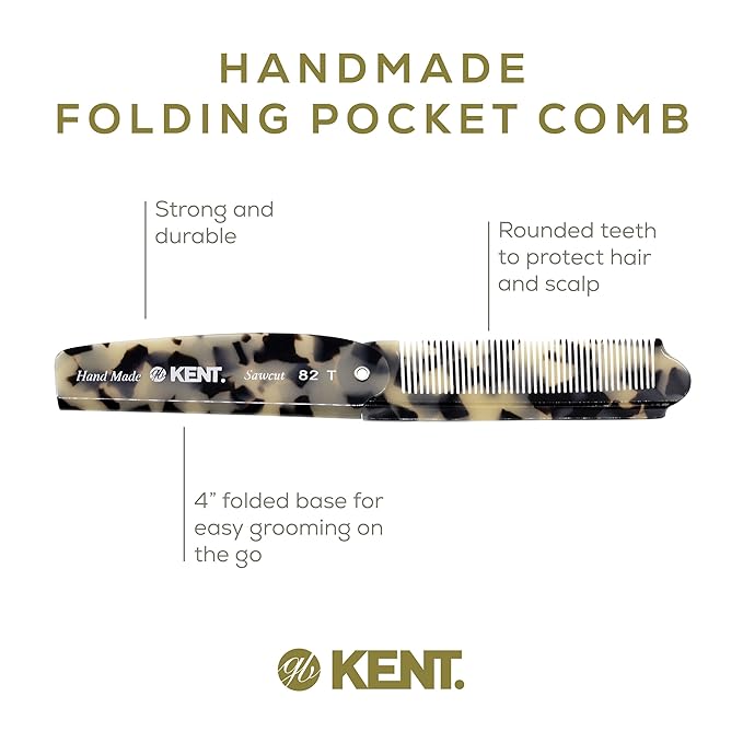 Kent 82T Handmade Folding Pocket Comb for Men, Fine Tooth Hair Comb Straightener for Everyday Grooming Styling Hair, Beard or Mustache, Use Dry or with Balms, Saw Cut Hand Polished, Made in England