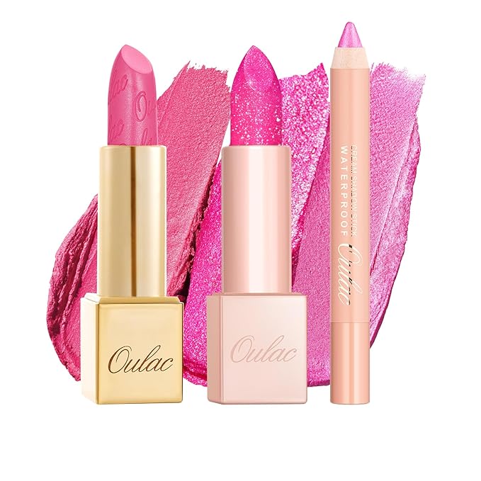 Oulac 3PCS Pink Lipstick Set | Metallic Lipstick, Moisturizing Lipstick, Lip Liner Stick | Smooth & Vegan | Ideal for Makeup Enthusiasts