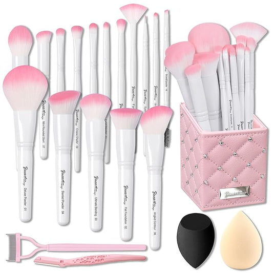 Bueart Design 16Pcs ULTRA SOFT labeled Makeup Brushes set with brush Holder face brush for Foundation Powder Blending Blush wooden Handle(16Pcs White+Pink Holder)