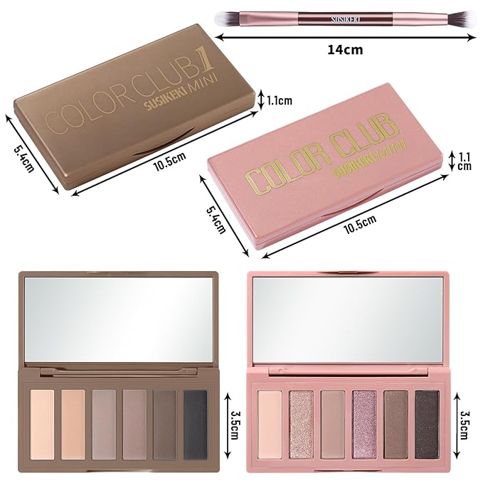 2PCS 6 Colors Mini Naked Eyeshadow Palette Makeup with Brush Set Neutral Nude Eye Shadow Pink & Brown Matte Shimmer Make Up Pallet with Mirror Highly Pigmented Travel Size Gift Kit