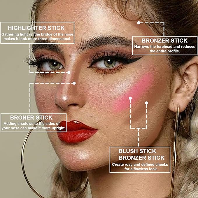 Lezero 3Pcs Contour Stick Makeup Kit, Shades with Highlighter, Blush and Bronzer Stick for Sculpt the Face and All Skin Type, Long Lasting, Smooth, Dewy & Matte Finish, MEDIUM TAN