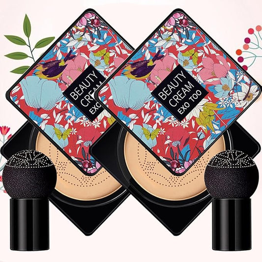 2 Pack Beauty Cream EXO TOO Foundation, Beauty Cream Makeup Base, Moisturizing, Long Lasting Matte Air Cushion CC Cream Concealer with Two Mushroom Head Sponges