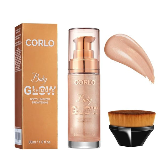 Corlo Body Shimmer Oil Liquid Glitter Face Luminizer Glow Highlighter Waterproof Long Lasting Moisturizing Luminizer FaceProm Party Makeup Brush Include(Rose Gold, Body Oil)
