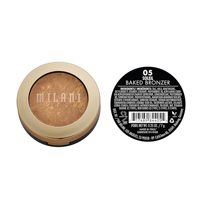 Milani Bronzer Powder - Baked Bronzer Made in Italy, Bronzing Shimmer Highlighter Makeup for Contour -Soleil
