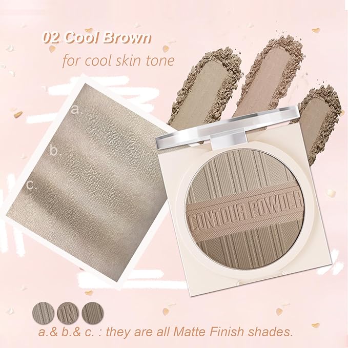 Contour Powder Makeup Palette Matte Face Sculpting Shading Silky Smooth Tone Tuning Flawless Pressed Powder Bronzer, 02 Grey Brown