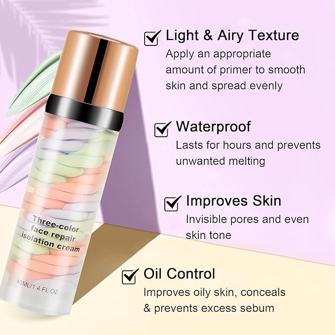 3 In 1 Color Corrector Makeup Primer Color Correcting Primer Cream Tinted Moisturizer Brightening Primer Facial Serum Isolation Cream Neutralizes Skin Tone for Face Before Makeup Base Cream