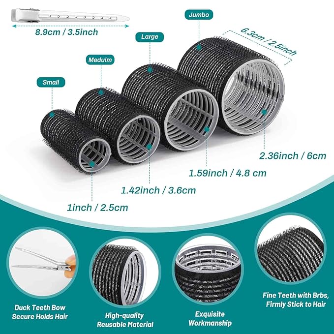 Acejoz Hair Rollers for Blowout Look, 38 Pcs Self Grip Hair Rollers Set with 4 Sizes, 12 Pcs Hair Clips, Comb and Storage Bag for Hair Volume (Black)