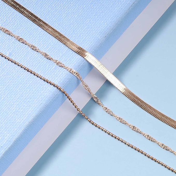 Punk Layered Chain Necklace Gold Flat Snake Chain Necklace Choker Vintage Herringbone Necklace Stacking Chunky Necklace Chain Jewelry for Women and Girls Gift
