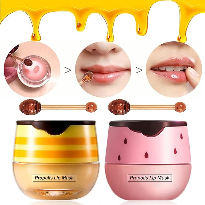 2 Pack Nourishing Lip Balm Honey Pot, Moisturizing Honey & Strawberry Propolis Lip Mask, Hydrating & Prevention Dry and Cracked Lip Scrubs Exfoliator Lip Sleeping Mask Reduces Lip Lines