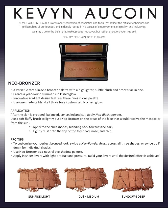 Kevyn Aucoin The Neo-Bronzer, Dusk Medium: 3 in 1 makeup palette. Highlighter, blush & bronzer in one smooth gradient makeup compact. Shimmer & matte in light, medium & deep. Sun-kissed to bronzed.