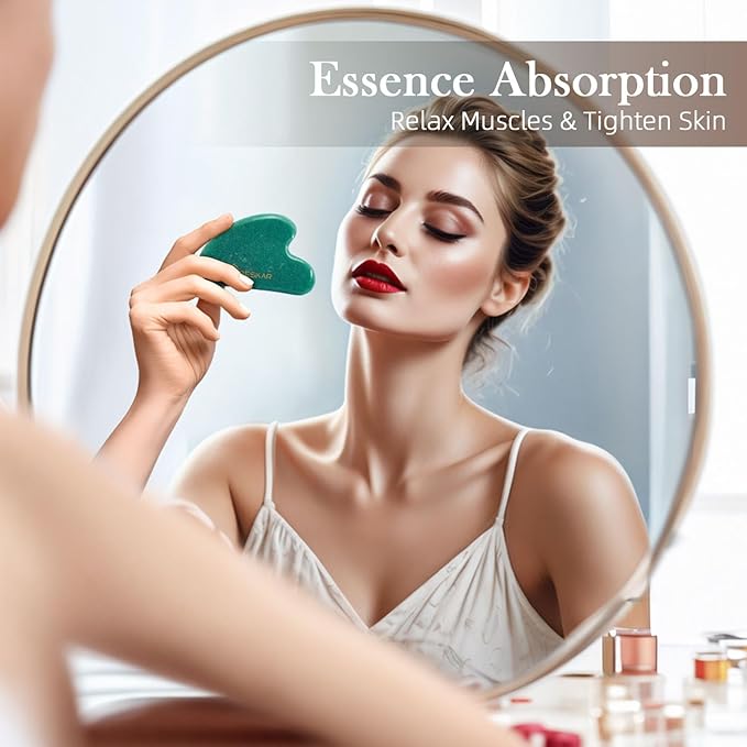 BESKAR Gua Sha Facial Tools, Natural Jade Stone Guasha Massager for Jawline Sculpting, Tighten Face Skin and Reduce Wrinkles, Face Eyes Body Neck Massage Tool, Skin Care Gift
