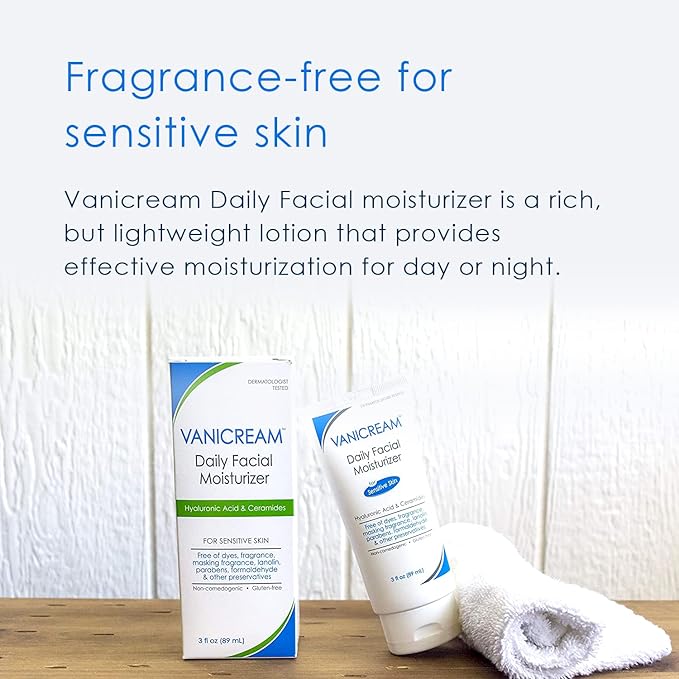 Vanicream Daily Facial Moisturizer With Ceramides and Hyaluronic Acid - Formulated Without Common Irritants for Those with Sensitive Skin, 3 fl oz (Pack of 1)