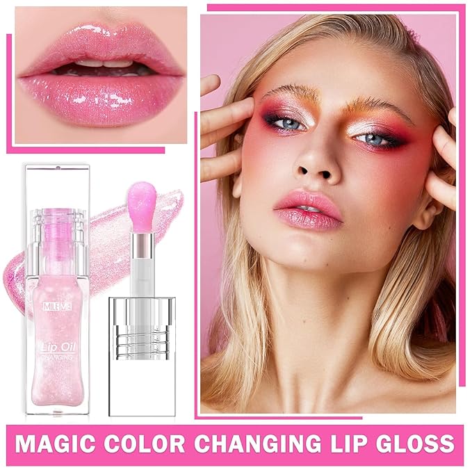 2PCS/Set MILEMEI Color Changing Lip Oil Magic Moisturizing, Big Brush Plumping Lip Oil, Plumping Glimmer Glow