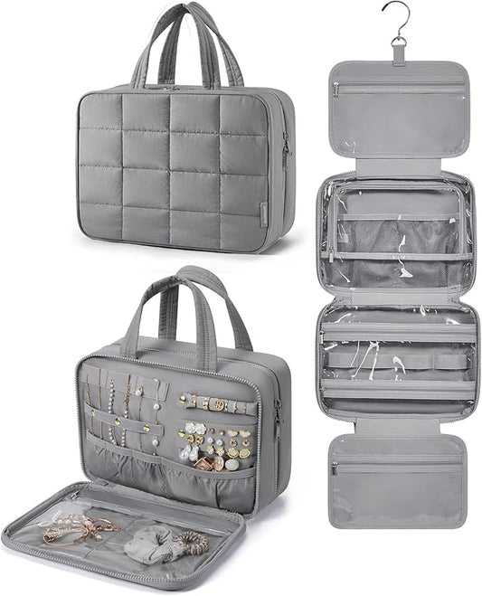 BAGSMART Travel Toiletry Bag with Jewelry Organizer, Hanging Travel Bag for Toiletries, Puffy Makeup Cosmetic Bag Organizer, Carry-on Travel Accessories Essentials, Grey-L
