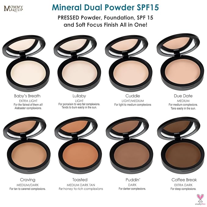 Mineral Dual Powder in Toasted (Medium Dark Tan) | 4-in-1 Pressed Mineral Foundation with SPF 15 for Flawless Glow & Soft Looking Skin | Oil Free, Talc Free, Gluten Free | 0.45 Oz | by Mommy Makeup